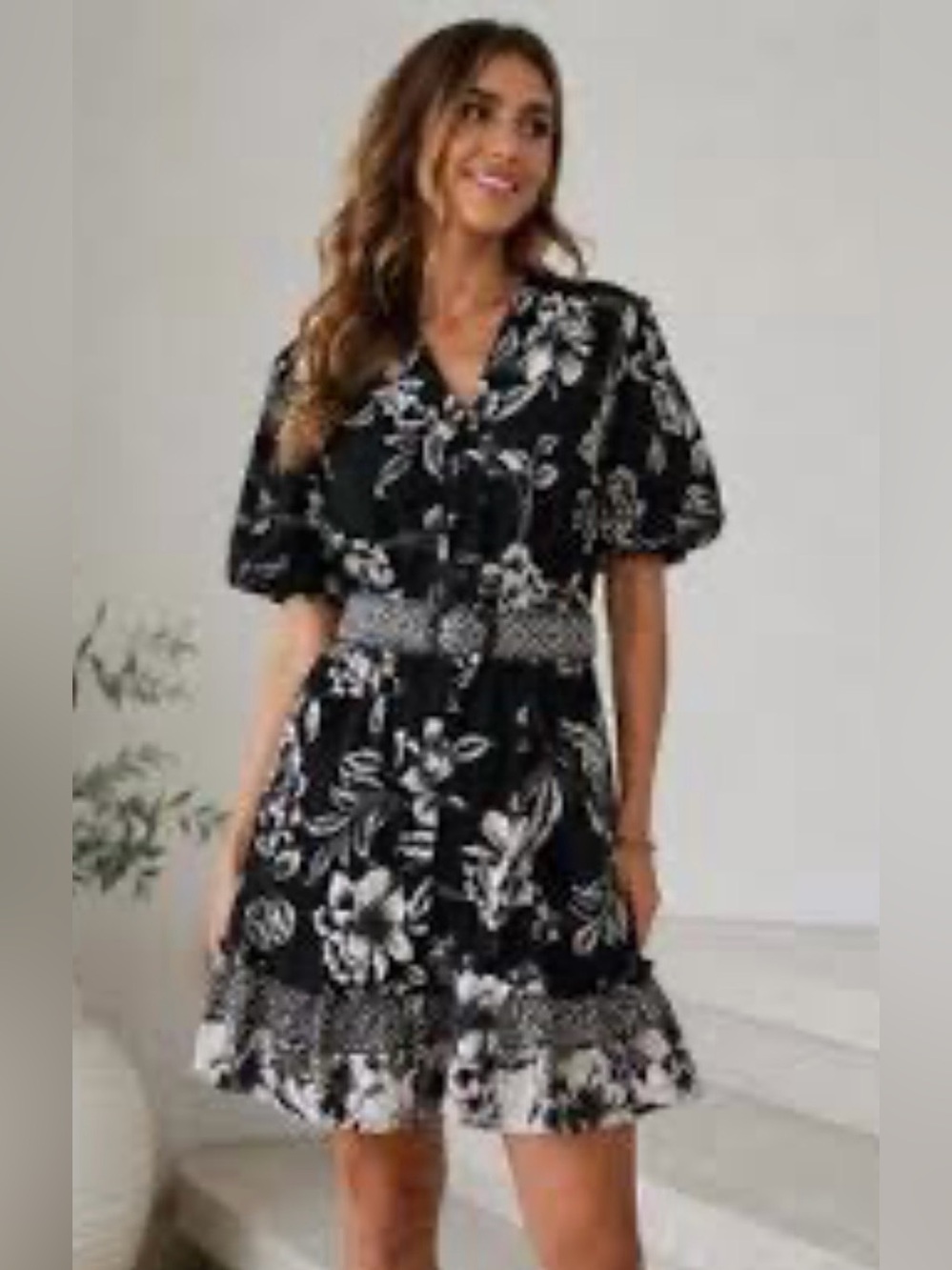 Joie Black Beige Floral Belted Puff Sleeve Cotton Mini Dress Size 10